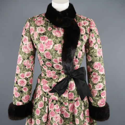 BILL BLASS Size 8 Pink & Green Rose Print Cocktail Dress & Mink Jacket Set BILL BLASS