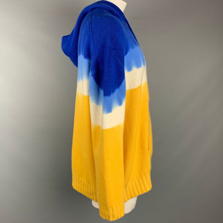 PRABAL GURUNG Size XL Blue & Yellow Tie Dye Cashmere Hooded Sweater