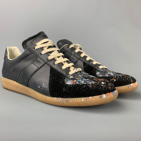 MAISON MARTIN MARGIELA Size 10.5 Grey & Black Paint Splatter Leather Replica Sneakers