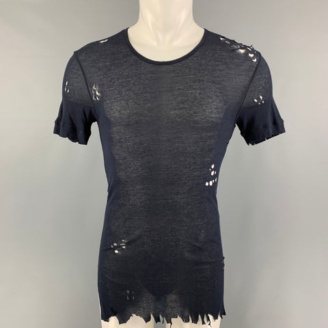BALMAIN SS18 Size M Navy Blue Distressed Cotton Destroyed Long T-shirt