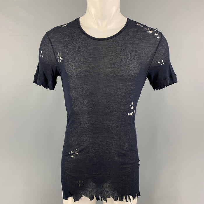BALMAIN SS18 Size M Navy Blue Distressed Cotton Destroyed Long T-shirt