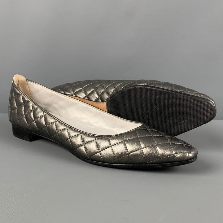 MANOLO BLAHNIK Giungla Size 10.5 Silver Ballerina Rounded Quilted Leather Flats