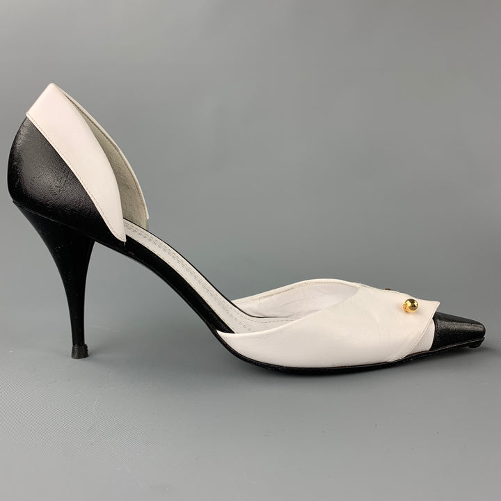 CHANEL Size 10 White & Black Two Toned Leather D'Orsay Pumps