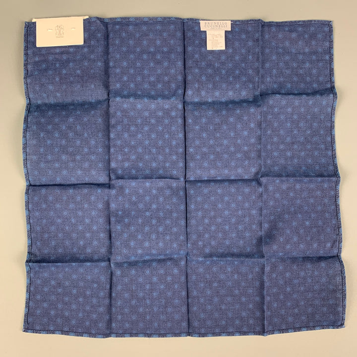 BRUNELLO CUCINELLI Navy Blue Circles Linen / Cotton Pocket Square