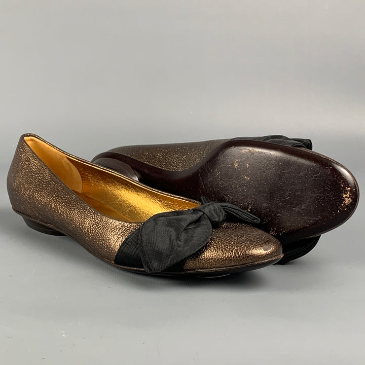 SALVATORE FERRAGAMO Size 7.5 Gold & Black Leather Silk Bow Flats