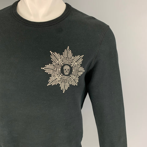 ALEXANDER MCQUEEN Size M Black Silver Embroidery Cotton Crew-Neck Pullover