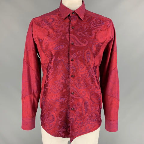 ROBERT GRAHAM Talla XL Camisa de manga larga con botones de algodón bordado burdeos