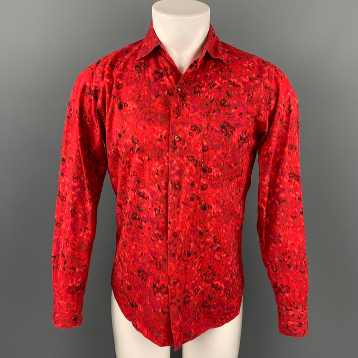 AGNES B. Size S Red Print Cotton Button Up Long Sleeve Shirt