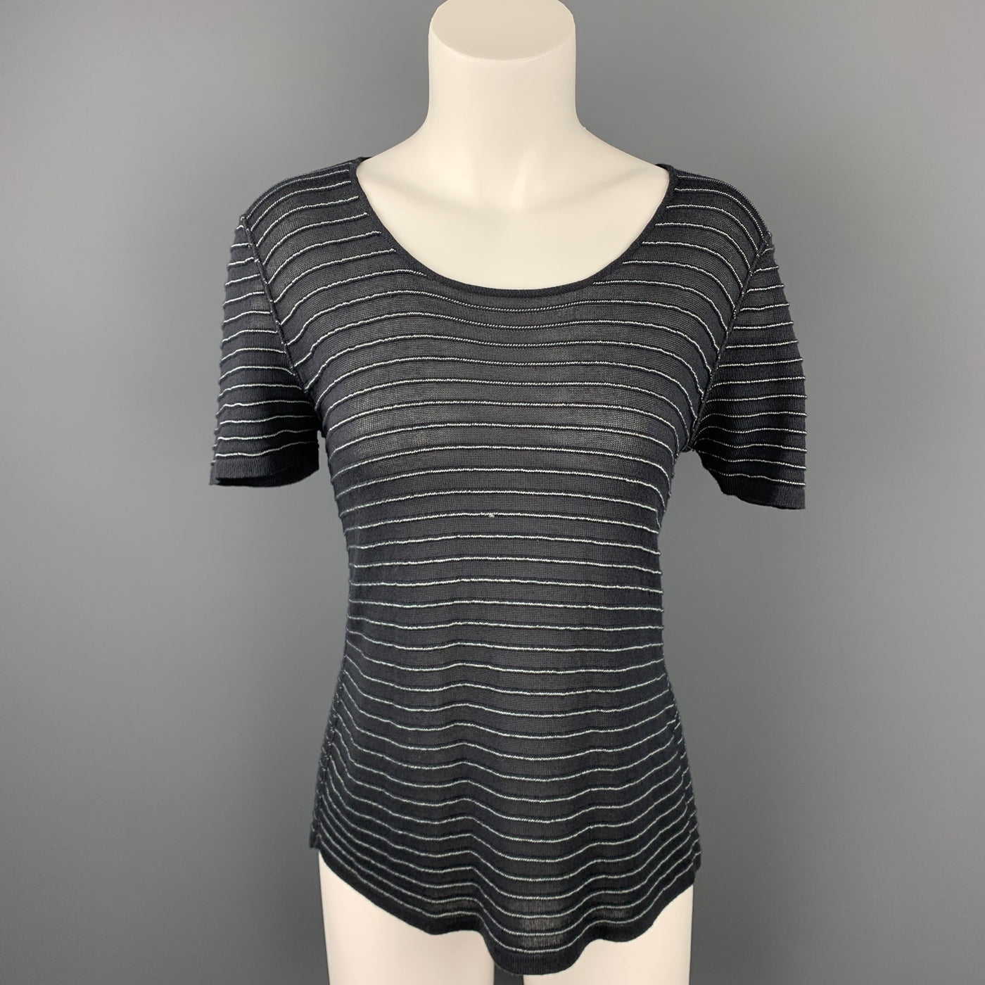 GIORGIO ARMANI Size 14 Grey Stripe Wide Neck Knit Top