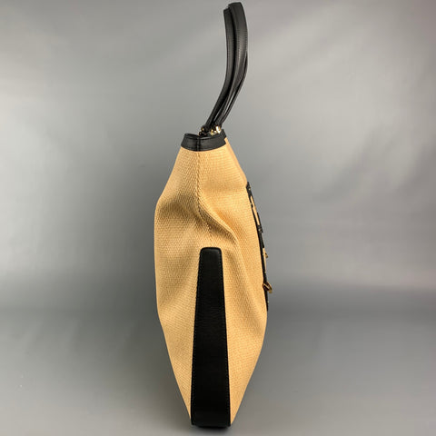 FURLA Fortezza Beige & Black Straw Leather Trim Tote Handbag