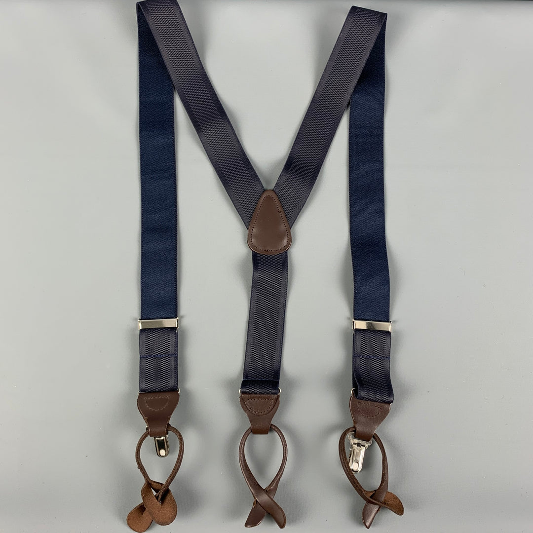 TRAFALGAR Size One Size Navy Brown Leather Elastic Suspenders