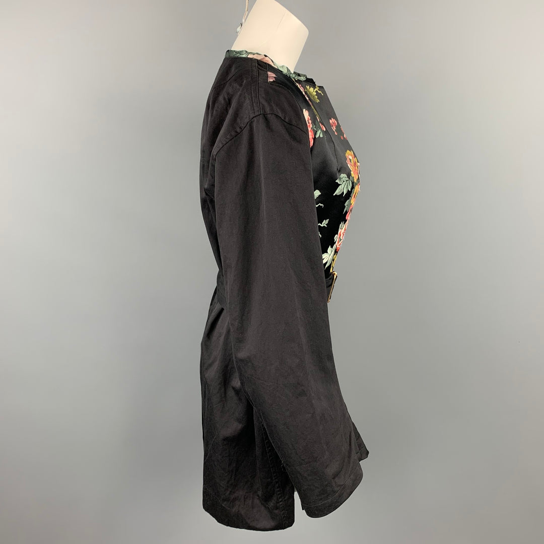 DRIES VAN NOTEN Size 6 Black & Multi-Color Silk / Polyester Belted Coat