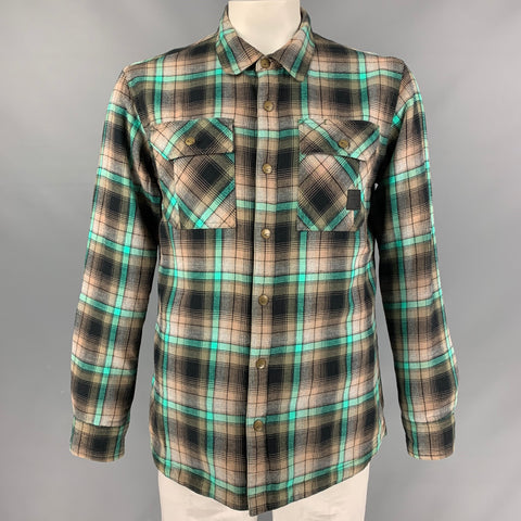 OAKLEY Size L Black & Green Plaid Cotton Reversible Jacket