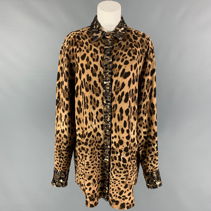 DOLCE &amp; GABBANA Talla L Camisa con tapeta oculta y estampado animal en mezcla de viscosa marrón tostado