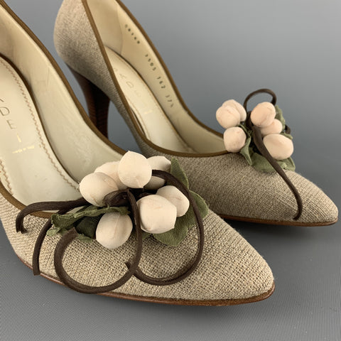 CASADEI Size 7.5 Taupe Fabric Grape Leaves Embellishd Pumps