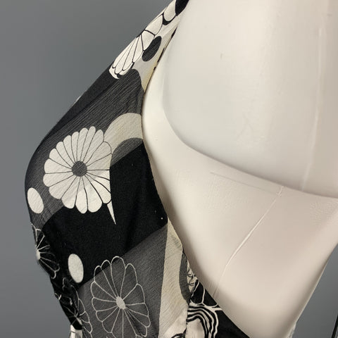 NAEEM KHAN Size 6 Black & White Floral Silk Beaded Halter Gown