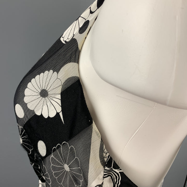 NAEEM KHAN Vestido halter con cuentas de seda floral en blanco y negro talla 6