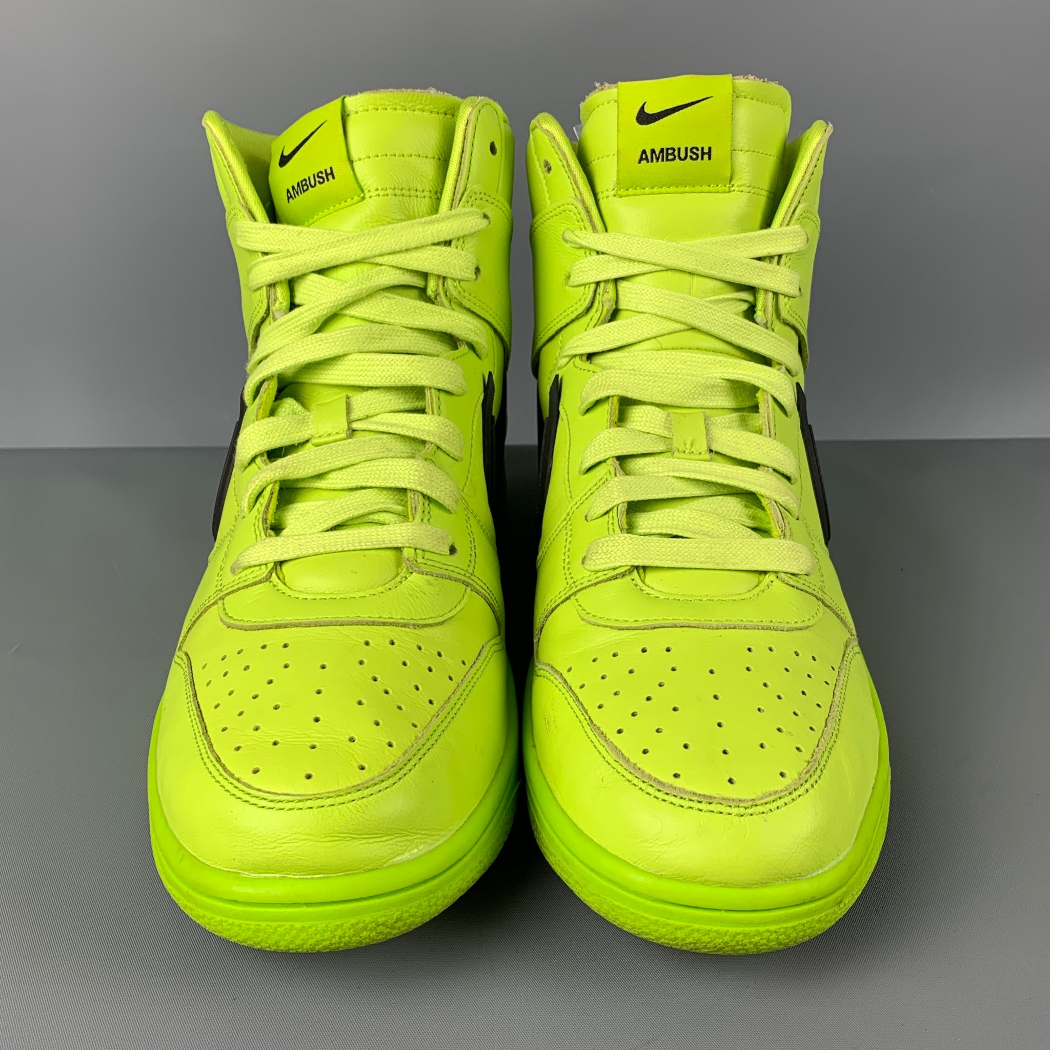 AMBUSH x Nike Size 10.5 Flash Lime Leather High Top Sneakers Sui Generis Designer Consignment