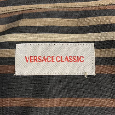 VERSACE CLASSIC Size S Brown & Black Stripe Cotton Double Collar Button Up Long Sleeve Shirt