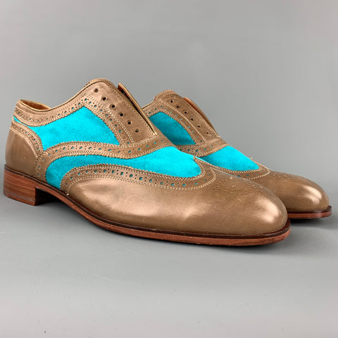 FLORSHEIM for DUCKIE BROWN Size 11 Taupe & Aqua Perforated Leather Wingtip Shoes