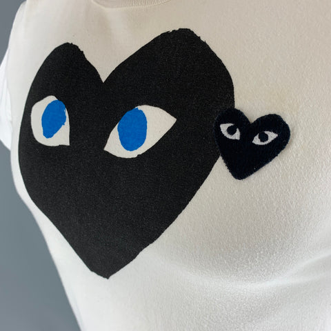 COMME des GARCONS Chemise Manche Courte Blanc Noir Coeurs Taille S