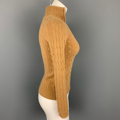 RALPH LAUREN Black Label Talla XS Suéter de cachemir con media cremallera y punto de cable color camel