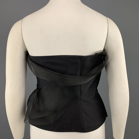 AKRIS Size 12 Black Cotton / Silk Strapless Mesh Ruffle Bustier Top