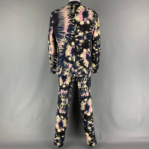 DRIES VAN NOTEN  Size 44 Black Beige Pink Tie Dye Wool Notch Lapel Suit