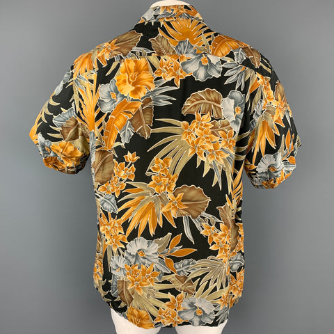 BRIONI Size M Black & Tan Floral Rayon Camp Short Sleeve Shirt