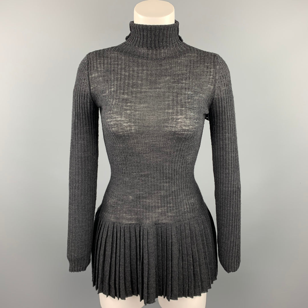 JEAN PAUL GAULTIER Size S Charcoal Ribbed Knit Wool Pleated Waistband Pullover