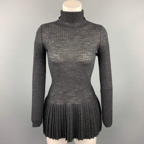 JEAN PAUL GAULTIER Taille S Pull à ceinture plissée en laine côtelée anthracite