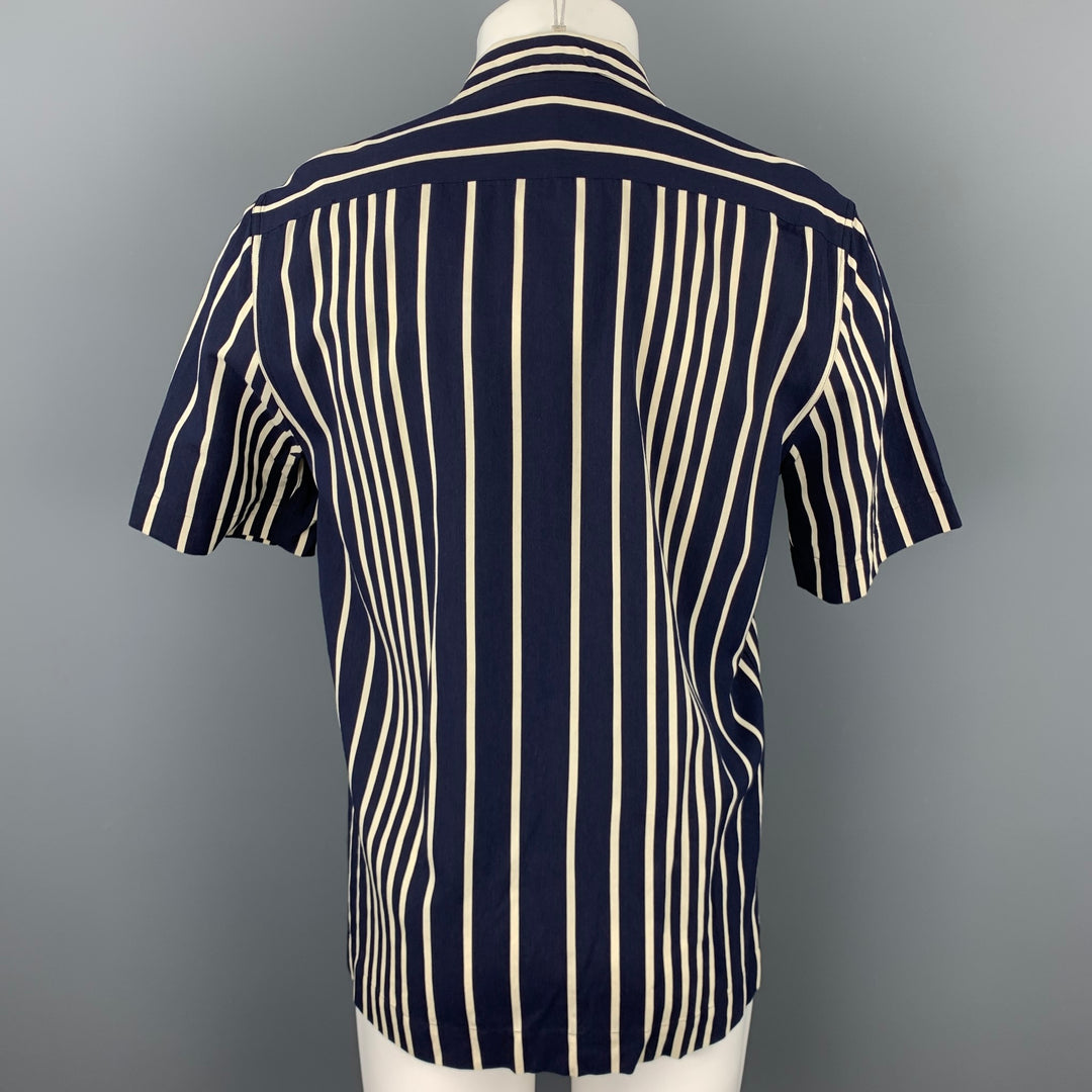 DRIES VAN NOTEN Size S Navy & Cream Vertical Stripe Viscose Blend Button Up Short Sleeve Shirt