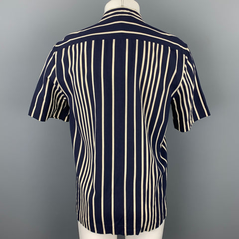 DRIES VAN NOTEN Size S Navy & Cream Vertical Stripe Viscose Blend Button Up Short Sleeve Shirt