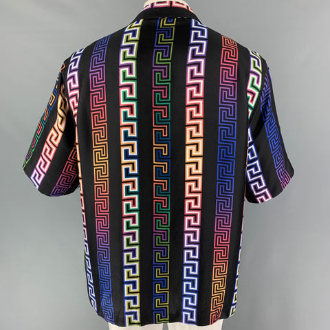 VERSACE Size L Black Print Silk Camp Short Sleeve Shirt