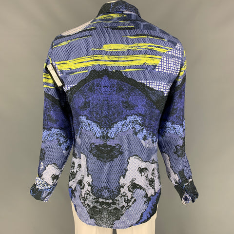 JUST CAVALLI Size XL Purple & Yellow Graphic Silk Button Up Long Sleeve Shirt