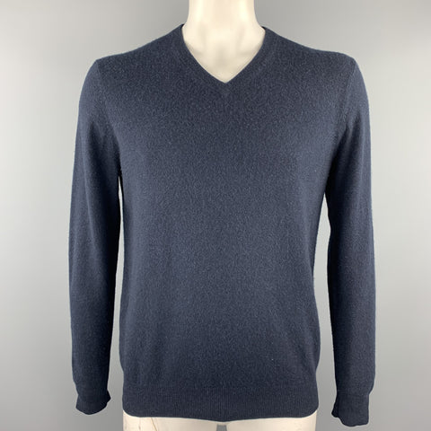 NEIMAN MARCUS Size L Navy Cashmere V-Neck Pullover