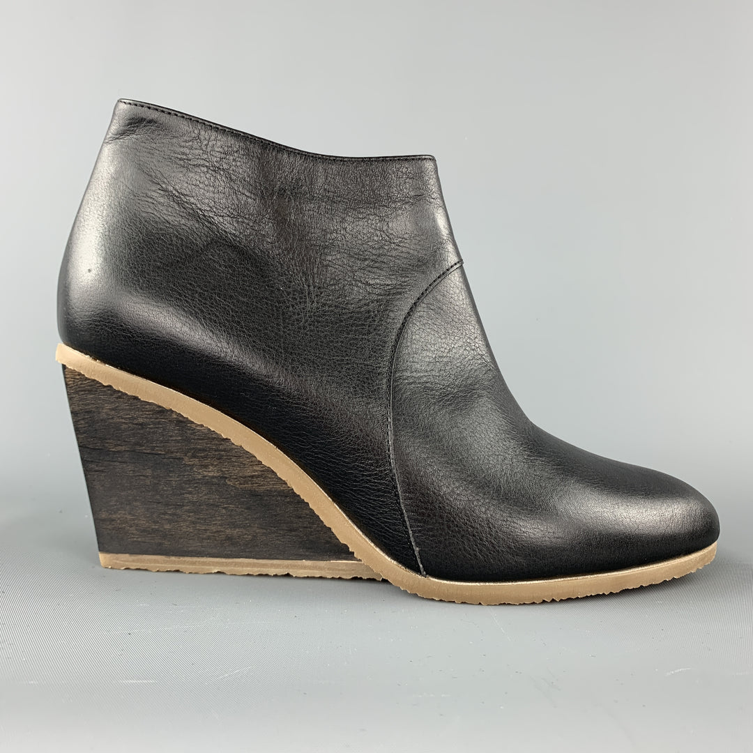 ELLEN VERBEEK Size 8.5 Black Leather Rubber & Wood Wedge Sole Ankle Boots