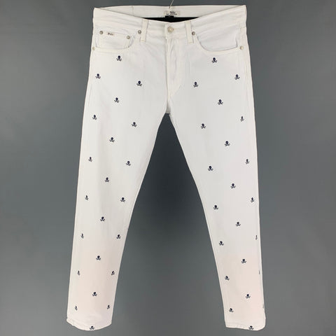 POLO par RALPH LAUREN Taille 30 Jean blanc et bleu marine en coton avec fermeture éclair et tête de mort