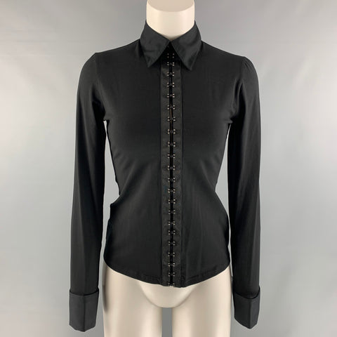 ANNE FONTAINE Talla 6 Blusa de puño francés con pedrería de algodón y elastano negro