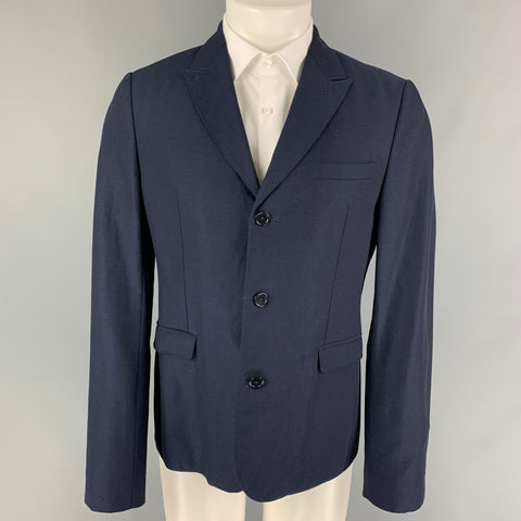 CARVEN Talla 40 Abrigo deportivo con solapa de pico de lino y lana texturizada azul marino