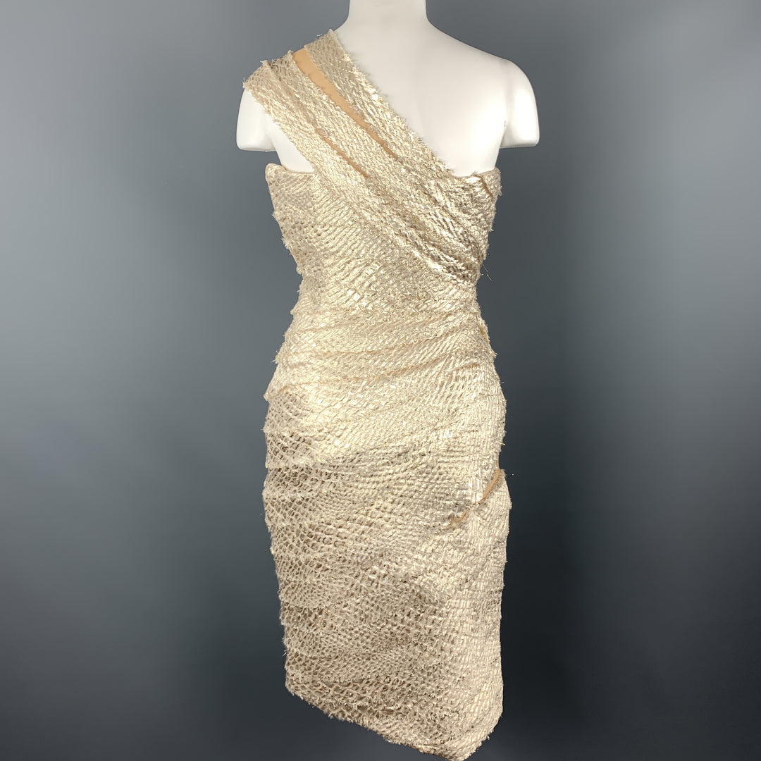 REEM ACRA Vestido de cóctel de un hombro con capas de jacquard en oro metálico y plata talla 2