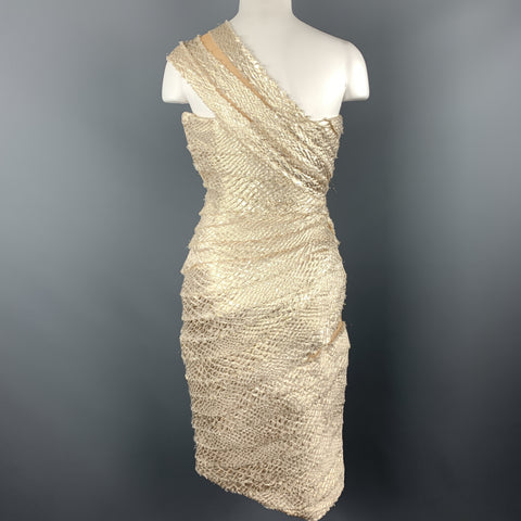 REEM ACRA Size 2 Metallic Gold & Silver Layered Jacquard One Shoulder Cocktail Dress