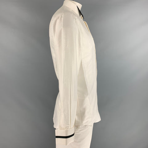 BRIONI Size XL Off White Jacquard Silk Cotton Tuxedo Long Sleeve Shirt