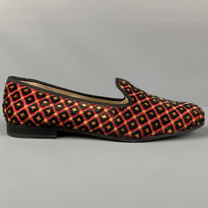 STUBBS & WOOTTON Size 10 Black Red Velvet Textured Loafer Flats