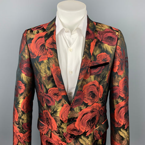LORDS & FOOLS Size 44 Red & Gold Floral Polyester Notch Lapel Sport Coat