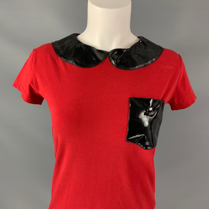 LOVE MOSCHINO Size 4 Red Black Cotton / Elastane Faux patent leather Blouse