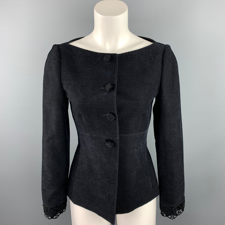 EMPORIO ARMANI Size 6 Black Textured Corduroy Virgin Wool Blend Boat Neck Jacket