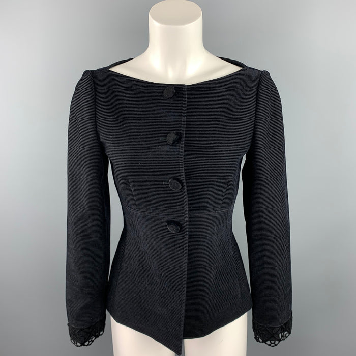 EMPORIO ARMANI Size 6 Black Textured Corduroy Virgin Wool Blend Boat Neck Jacket