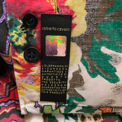 JUST CAVALLI Size XXL Multi-Color Print Cotton Blend Button Up Long Sleeve Shirt