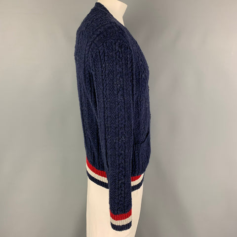 KITON Size L Navy Red & White Contrast Stitch Cotton V-Neck Cardigan